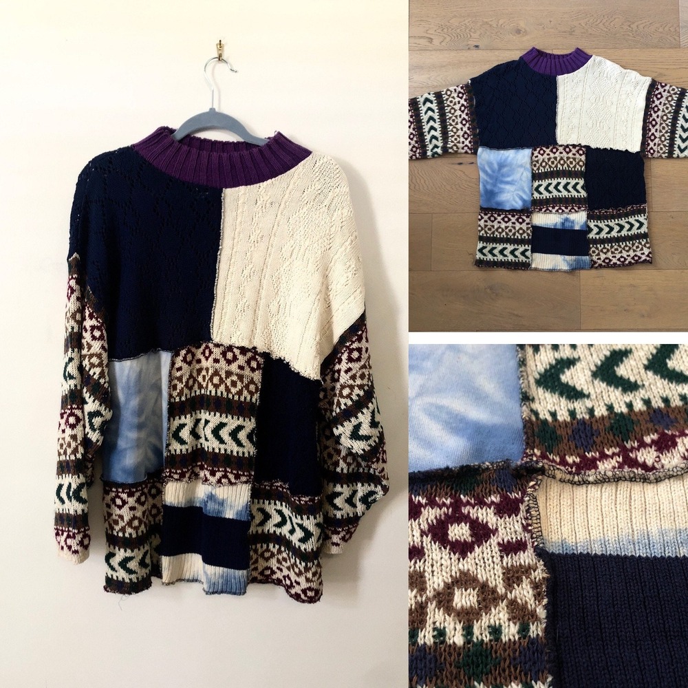 Wally Iwanciw Functional Funware Knit Patchwork Cotton Wool Blend Sweater